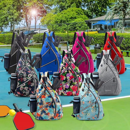 ZOEA Pickleball Bag, Sport Pickleball Sling Bag for Women Man, Adjustable Pickleball Backpack with Fence Hook Water Bottle Holder, Fits 4 Paddles and All Your Other Gear (Flower Blue)
