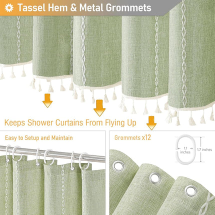 BTTN 72x96 Extra Long Boho Linen Heavy Duty Shower Curtain Set, Sage Green