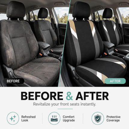 FH GROUP Front Set Cloth Car Seat Covers for Low Back Car Seats with Removable Headrest, Universal Fit, Airbag Compatible Seat Cover for SUV, Sedan, Van, Beige