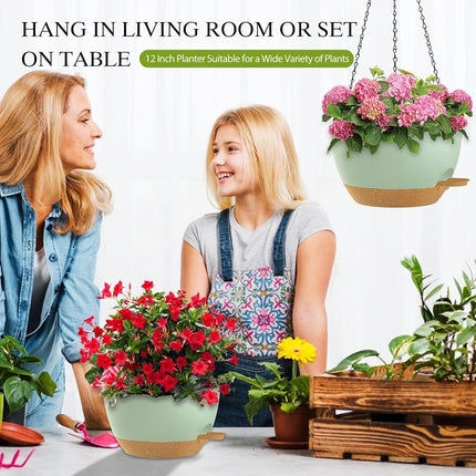 SQKH 12 Inch Hanging Baskets 2 PC with Chains, Self-Watering Hanging Planters for Indoor Outdoor Plants, Plastic Hanging Flower Pots,Green Brown