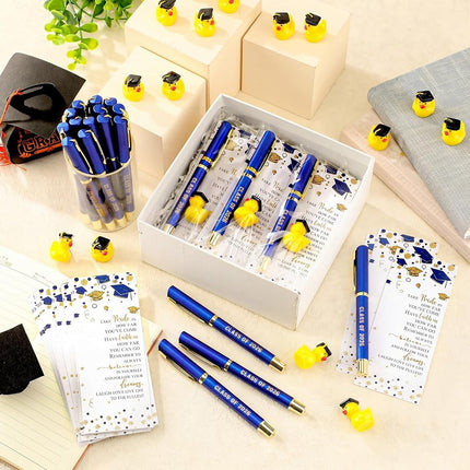 Sayglossy 30 Sets Graduation Gifts Bulk Class of 2025 Gel Ink Pen Mini Card Cap Yellow Resin Duck Graduation Party Decorations Favors for Student(Bule)