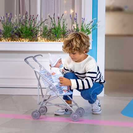 Jc Toys - Umbrella Foldable Pram for Dolls up to 45 cm, Ideal for Playing and Walking, White and Pink Stripes, Elephant Decoration, Designed by Berenguer, +2 Years Old