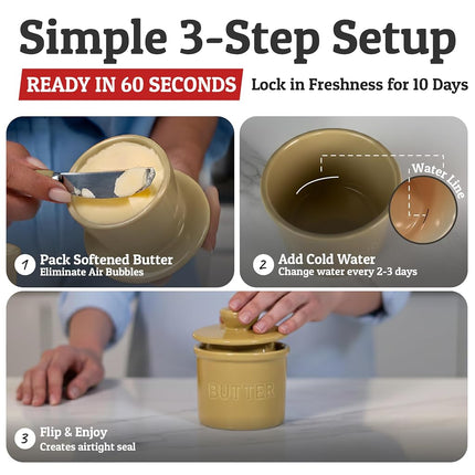 Priority Chef French Butter Crock for Counter with Water Line, On Demand Spreadable Butter, Ceramic Butter Keeper to Leave On Counter, French Butter Dish, Yellow [Khaki], Regular (GM-PC-Crock-KHK1)