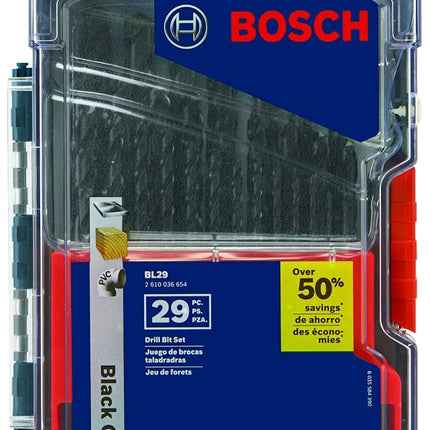 BOSCH BL29 29-Piece Assorted Set Three-Flat Shank Black Oxide Drill Bits with Included Case for Applications in Light-Gauge Metal, Wood, Plastic