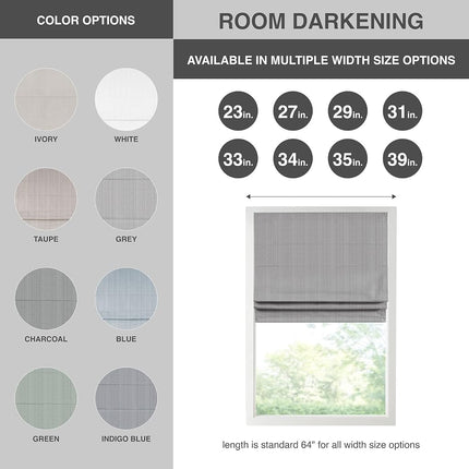 Madison Park Galen Cordless Roman Shades - Fabric Privacy Panel Darkening, Energy Efficient, Thermal Insulated Window Blind Treatment, for Bedroom, Living Room Decor, 39" x 64", Grey