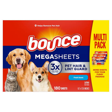 Bounce Pet Hair and Lint Guard Mega Fabric Softener Dryer Sheets with 3X Pet Hair Fighters, Fresh Scent, 180 Count