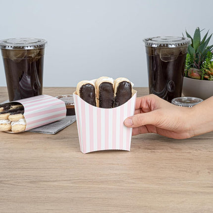 Bio Tek 4.5 x 3.2 x 3.9 Inch French Fry Cup, 100 Disposable Snack Cups - Stackable, Sustainable, Pink and White Paper 3 Ounce Fry Holder, for Fries, Onion Rings, Popcorn, or Cookies - Restaurantware