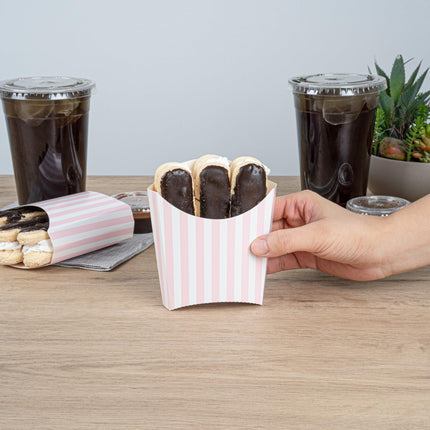 Bio Tek 4.5 x 3.2 x 3.9 Inch French Fry Cup, 100 Disposable Snack Cups - Stackable, Sustainable, Pink and White Paper 3 Ounce Fry Holder, for Fries, Onion Rings, Popcorn, or Cookies - Restaurantware