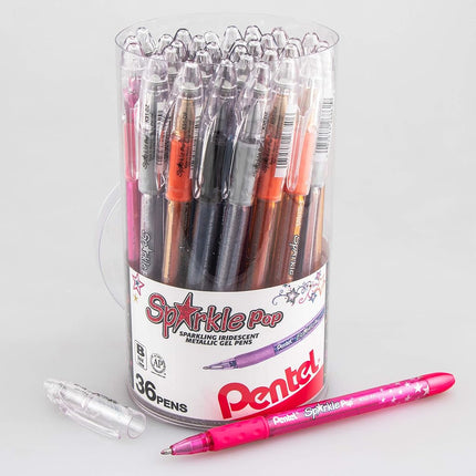 Bolígrafos de gel iridiscentes Pentel Sparkle Pop, (1.0mm) Trazos gruesos, Tinta surtida (A/C/D/F/P/V/x/Z) Recipiente de 36 unidades (K91PC36M)