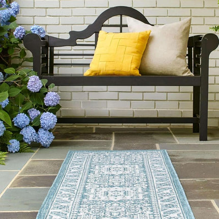 Unique Loom Outdoor Aztec Collection Area Rug - Chalca (2' 7" x 12' Runner, Aqua/Ivory)