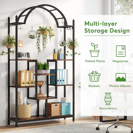 Tribesigns 5-Tier Plant Stand Indoor, 190 cm Tall Arched Plant Shelf with Hanging Hooks, Large Bonsai Pots Display Rack for Indoor, Balcony, Living Room