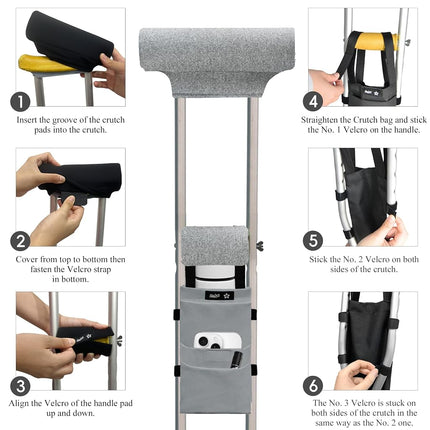 SPRING SEAON Crutches Padding & Crutch Bag (5 PCS) - Crutch Pads for Armpits and Hand Grips Water-Resistant Pouch for Crutches Crutch Cushions Crutches Accessories for Kids, Men, Women Modena Gray