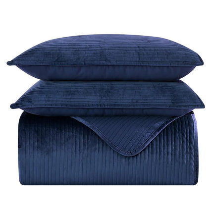 Elegant Comfort Luxury 3-Piece Velvet Corduroy Stripe Quilt Set, Ultra Soft Bedspread - Cozy Velvet Coverlet Set - 3PC Medium Weight Quilted Set with Matching Pillow Shams, Queen, Navy Blue