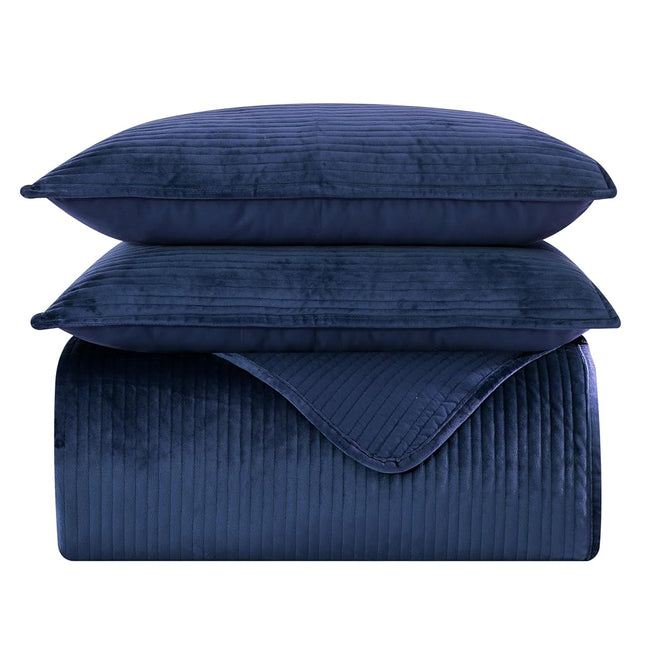 Elegant Comfort Luxury 3-Piece Velvet Corduroy Stripe Quilt Set, Ultra Soft Bedspread - Cozy Velvet Coverlet Set - 3PC Medium Weight Quilted Set with Matching Pillow Shams, Queen, Navy Blue