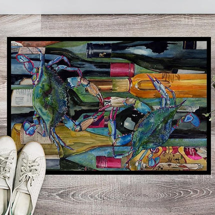 Caroline's Treasures Blue Crabby Wine Bottles Indoor or Outdoor Mat, 18" x 27", Multicolor