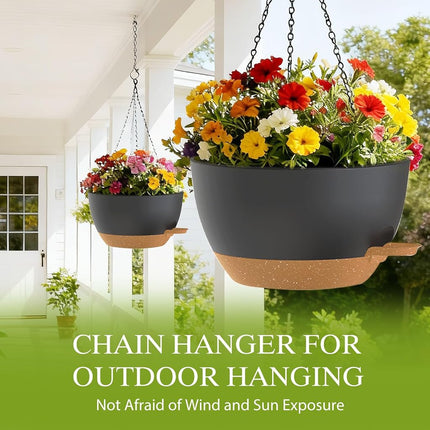 SQKH 10 Inch Hanging Baskets 2 PC with Chains, Self-Watering Hanging Planters for Indoor Outdoor Plants, Plastic Hanging Flower Pots,Black Brown