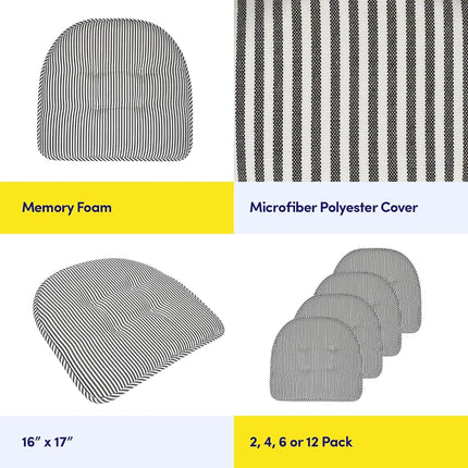 Sweet Home Collection Chair Cushion Memory Foam Pads Tufted Slip Non Skid Rubber Back U-Shaped 17" x 16" Seat Cover, 2 Count (Pack of 1), Pinstripe Charcoal