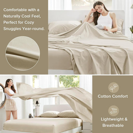 Comfort Spaces 100% Cotton Sheets Queen, Breathable & Ultra Soft Cotton Sheets, Naturally Cool Cotton Bed Sheets with 14" Elastic Pocket Fits up to 16" Mattress, All Seasons Sheet Set, Cream 4 Piece