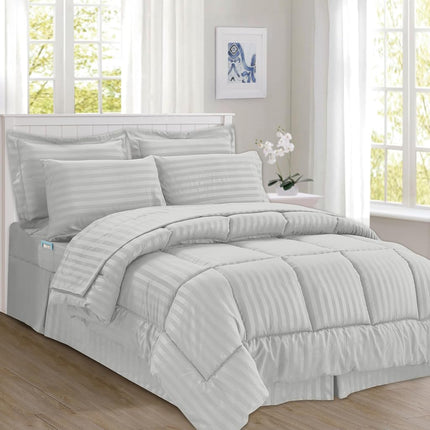 Elegant Comfort Silky Soft 8-Piece Dobby Stripe Bed-in-a-Bag Comforter Set, includes 4pc Smart Sheet Set, Bed Skirt, Comforter, Matching Pillowcases and Shams - Twin/Twin XL, Silver