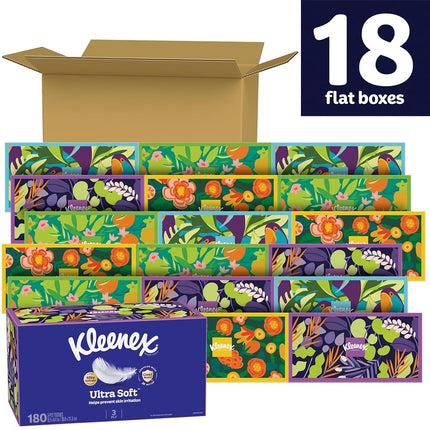 Kleenex Ultra Soft Facial Tissues, 18 Flat Boxes, 180 Tissues per Box, 3-Ply (3240 Total), Packaging May Vary