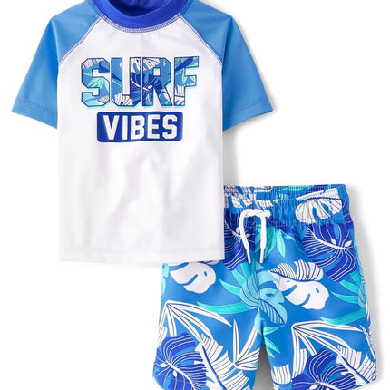 The Children's Place Boys' and Toddler Short Sleeve Rashguard and Bottoms, Surf Vibes Set, 18-24 Months