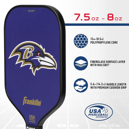 Franklin Sports NFL Baltimore Ravens Pickleball Paddle - Official NFL Team Pickleball Paddles - USAP (USAPA) Approved Premium Quality Pickleball Paddles - Authentic Team Logos + Colors