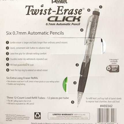 Pentel Twist-Erase Click Mechanical Pencil Set - 6 Mechanical Pencils, 6 Extra Erasers, 3 Tubes of Lead Refills