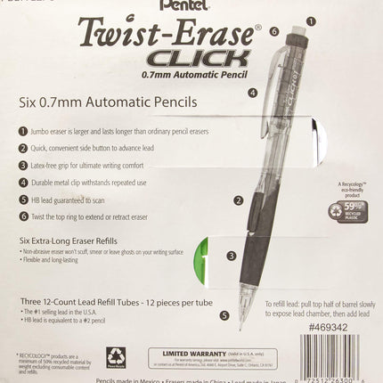Lot de 6 porte-mines Pentel Twist-Erase Click – 6 porte-mines, 6 gommes supplémentaires, 3 tubes de recharges de mines