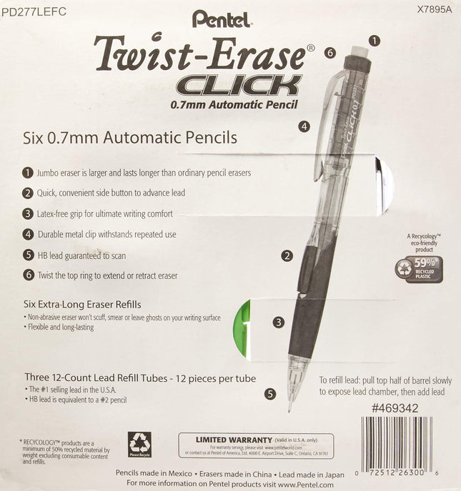 Lot de 6 porte-mines Pentel Twist-Erase Click – 6 porte-mines, 6 gommes supplémentaires, 3 tubes de recharges de mines