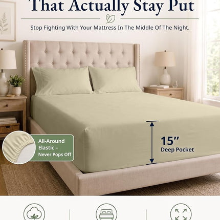 LANE LINEN King Fitted Sheet, 100% Organic Cotton, 3-Piece Set (1 Fitted Sheet,2 Pillowcases), Percale Weave, Ultra Soft, Breathable,Fits Mattress Upto 15" Deep - Linen (No Flat Sheet)