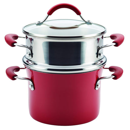 Juego de olla múltiple Rachael Ray Cucina de esmalte duro antiadherente con tapa y vaporera, 2.8 litros, rojo arándano