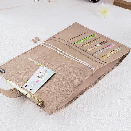 Ox Knight A5 Leather Planner Cover for Hobonichi Cousin, Stalogy, Midori, Leuchtturm1917, and More - with Pen Loop, Card Slots, Back Pocket, and Bookmarks (Taupe)