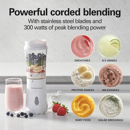 Hamilton Beach Personal Blender for Smoothies & Protein Shakes, Portable Single Serve Blender with 2 Travel Jars & Lids, 14 oz BPA-Free Cups, Stainless Steel Blades, 300W, White, 51102G