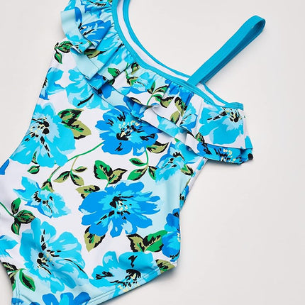 Kanu Surf Girls' Morgan Floral Ruffle 1-Shoulder 1-Piece Swimsuit, Flower Power Blue, 10
