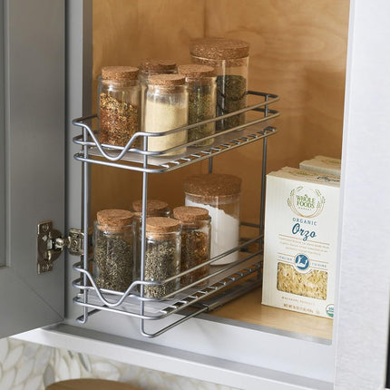 Household Essentials Glidez Powder-Coated Steel Pull-Out/Slide-Out Storage Organizer with Plastic Liners for Spice Rack Use - 2 -Tier Design - Fits Standard Size Cabinet or Shelf, Brushed Silver