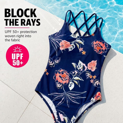 Kanu Surf Girls' Reese UPF 50 Beach Sport Criss-Cross One Piece Swimsuit, Reese Navy, 16