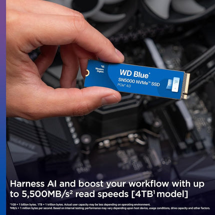 WD Blue SN5000 1TB SSD, M.2 2280 NVMe SSD, Read speeds up to 5150 MB/s, PCIe Gen4, nCache Technology, Free Acronis True Image data migration software, Internal solid state drive, Color May Vary