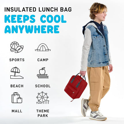 Fit & Fresh Connor Kids Lunch Tote, Versatile Thermal Insulated Lunch Box for School and Camp, Adult Lunch Bag with Front Zip Pocket, Red