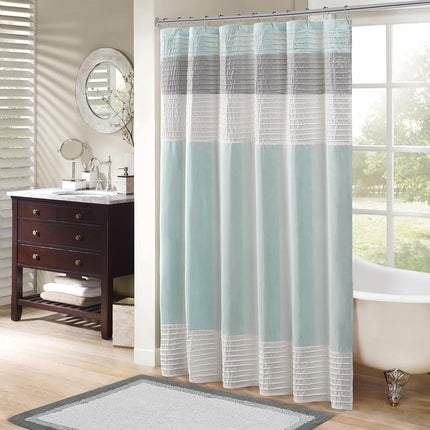 Madison Park Amherst Rideau de douche de salle de bain en fausse soie à rayures, rideaux de bain modernes en microfibre, 72x72 pouces, Aqua