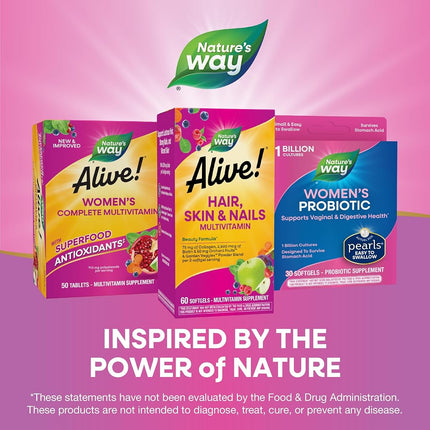 Nature's Way Alive!® Hair, Skin & Nails Multivitamin with Biotin (5,000mcg per serving and Collagen (75mg per serving), Fruit & Veggie Blend (50mg per serving), 60 Softgels