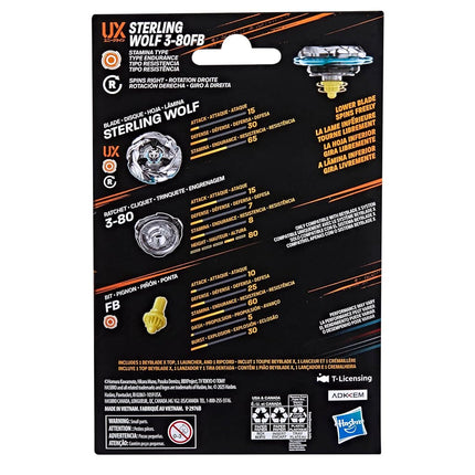 Beyblade X Sterling Wolf 3-80FB UX Starter Pack Set with Stamina Type Top and Launcher, Authentic Takara Tomy Battle Tops Games, Toys for Boys and Girls 8+
