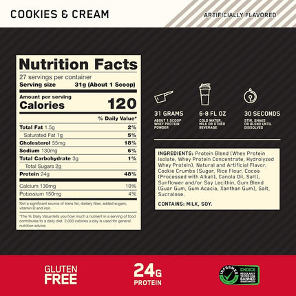 Optimum Nutrition Gold Standard 100% Whey Protein Powder, Cookies and Cream, 837 Grams