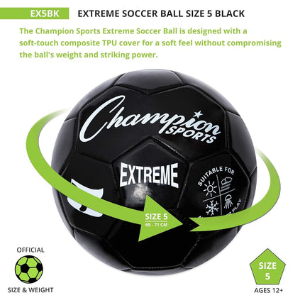 Champion Sports Extreme Series Soccer Ball, Regulation Size 5 - Collegiate, Professional, and League Standard Kick Balls - All Weather, Soft Touch, Maximum Air Retention - For Adults, Teenagers, Black