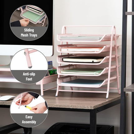 Mind Reader 5-Tier Paper Tray, Desktop Organizer, File Storage, Workspace, Office, Metal Mesh, 11.75" L x 14" W x 15" H, Pink