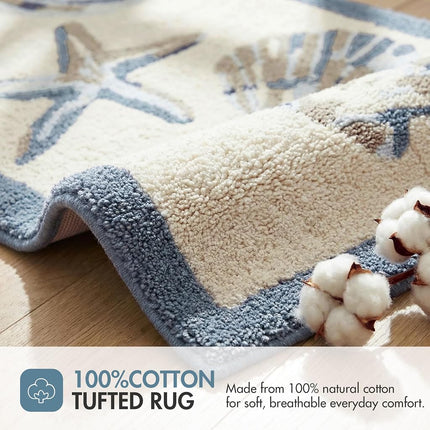 Madison Park Bayside 100% Cotton Tufted Non-Slip Absorbent Ultra Soft Seashells Beach Style Bath Mat Bathroom Rugs, 21X34 Inches Blue