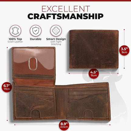 RFID Bifold Leather Wallet For Men with Flip Up ID in Vintage Buffalo Brown, Wild Crazy Horse, Bifold Wallet