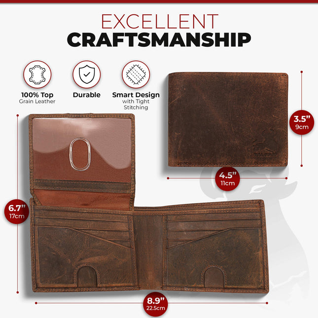 Portefeuille Homme en Cuir RFID à Deux Volets avec Porte-Cartes d'Identité Rabattable en Cuir de Buffle Marron Vintage, Crazy Horse Sauvage, Portefeuille à Deux Volets