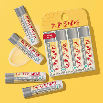 Burt's Bees Lip Balm Easter Basket Stuffers, Moisturising Lip Care, 100% Natural, Ultra Conditioning with Shea, Cocoa & Kokum Butter (Pack of 4)