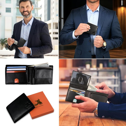 RFID Bifold Leather Wallet For Men with Flip Up ID in Vintage Buffalo Brown, With Coin Pocket - Nappa Black, Classic