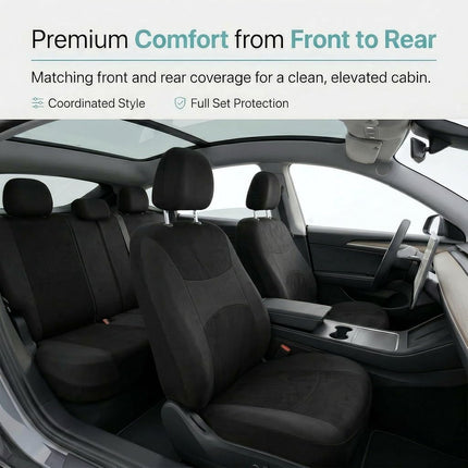 FH Group Light & Breezy Flat Cloth Cars Seat Covers Combo Steering Wheel Cover & Seat Belt Pads, Airbag and Split Rear Universal Fit Interior Accessories Cars Trucks SUV 7 Seater Three Row Set Black